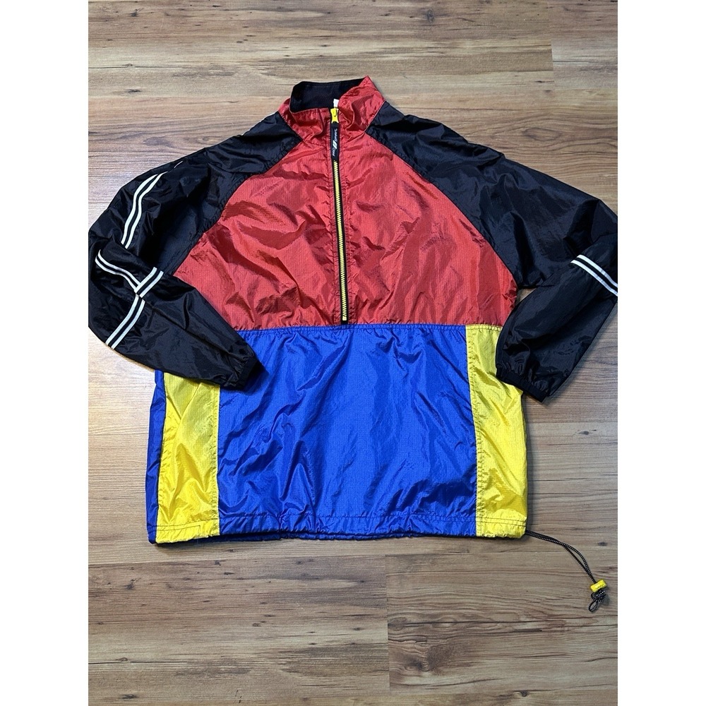 Vtg Pro Spirit Mens Sz S/M Red Yellow Blue Color Block Pullover 1/2 Zip Jacket